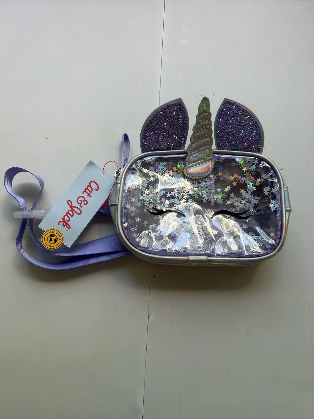 Cat & Jack Kids Fanny Pack Purple Unicorn Glitter Waist Bag with Stars